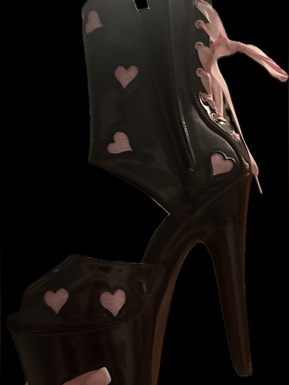 Black Patent Platform Ankle Heels with Pink Heart Accents